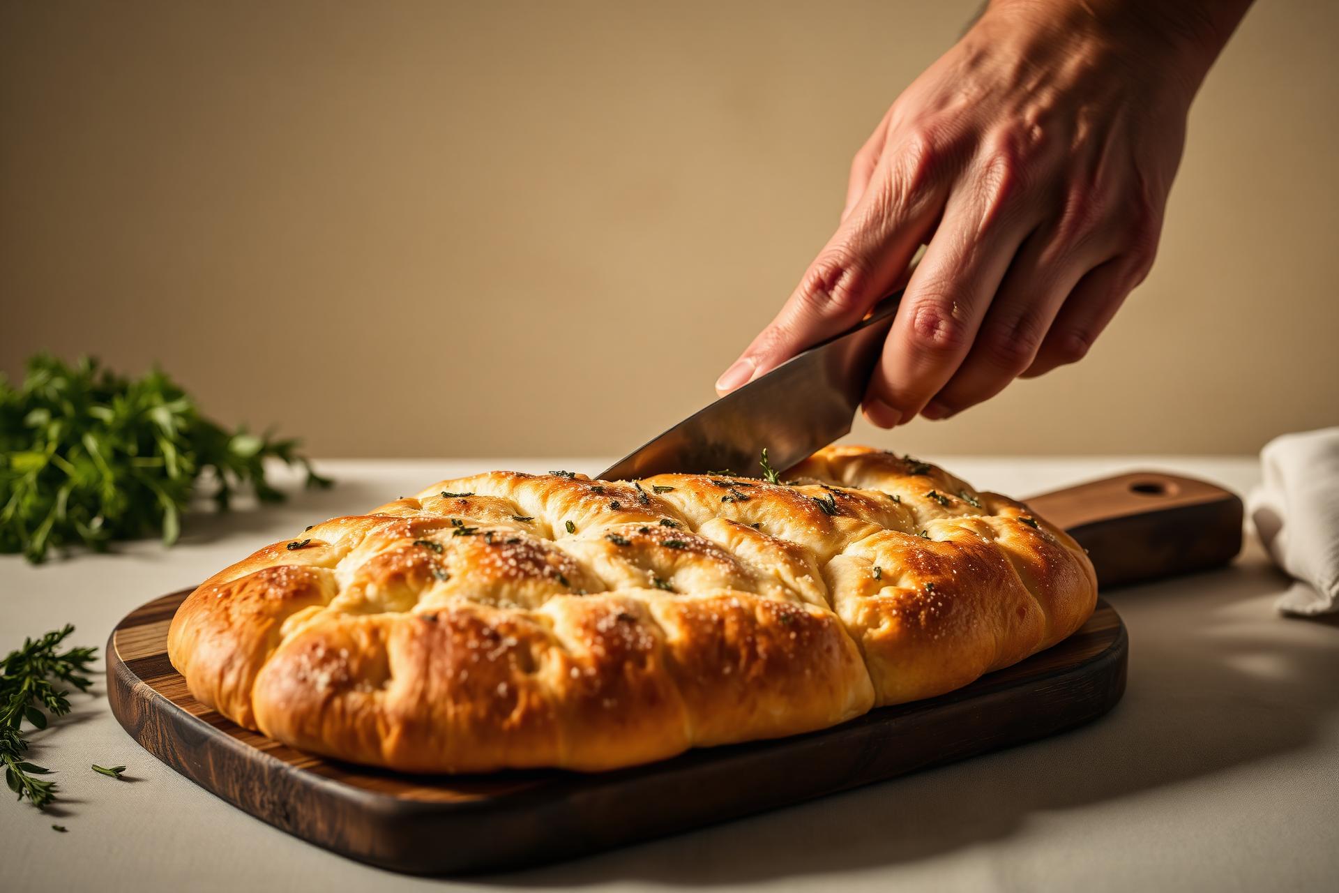 Frisch gebackene Focaccia auf einem Holzbrett bei IL Paradiso Dornbirn